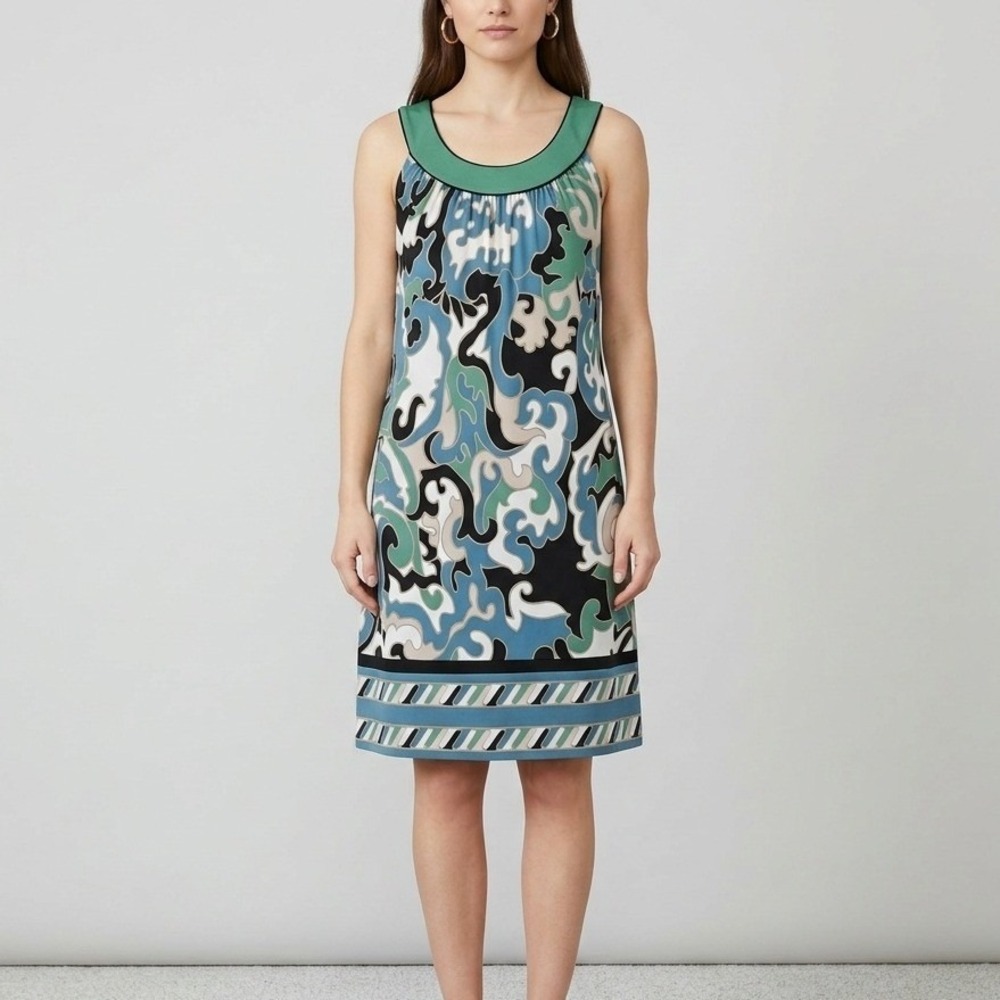 BCBGMaxAzria Abstract Psychedelic Shift Dress S Green Blue Retro Border Hem